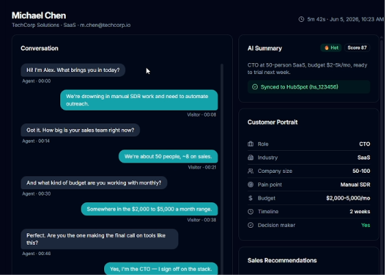 Voqual's per-conversation analysis — a chat summary, buyer portrait and the recommended next move to close